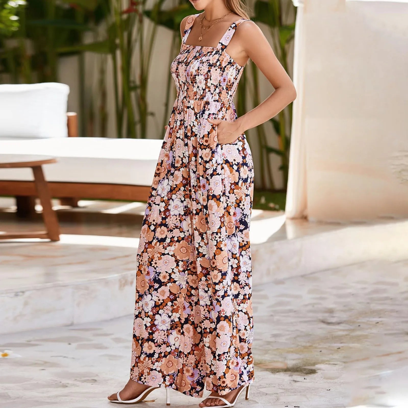 Bloom & Move: Floral Sleeveless Jumpsuit with Pockets